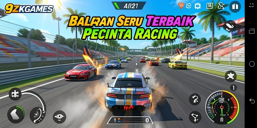 Tampilan gameplay seru dari 9ZKGAMES yang menggambarkan balapan intens.