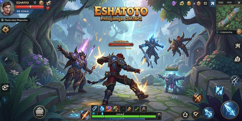 Screenshot gameplay ESHATOTO menampilkan pertarungan seru di dunia MMORPG.