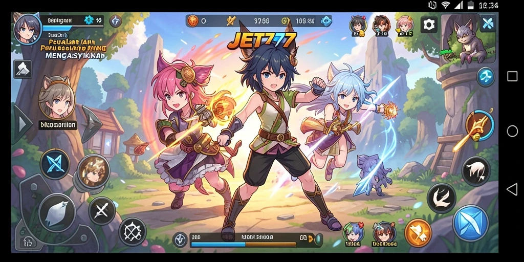 Screenshot utama JET77 menampilkan karakter anime dalam aksi yang seru.