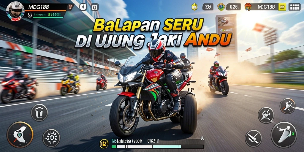 Screenshot utama MDG188 menampilkan aksi balapan motor yang mendebarkan.