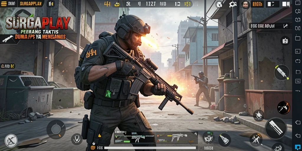 Tampilan gameplay SURGAPLAY dengan pertempuran FPS yang intens.