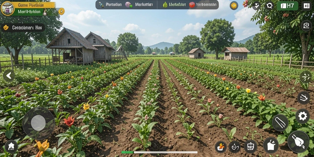 Tampilan screenshot UH77 menampilkan ladang hijau yang luas dan tanaman yang beragam.